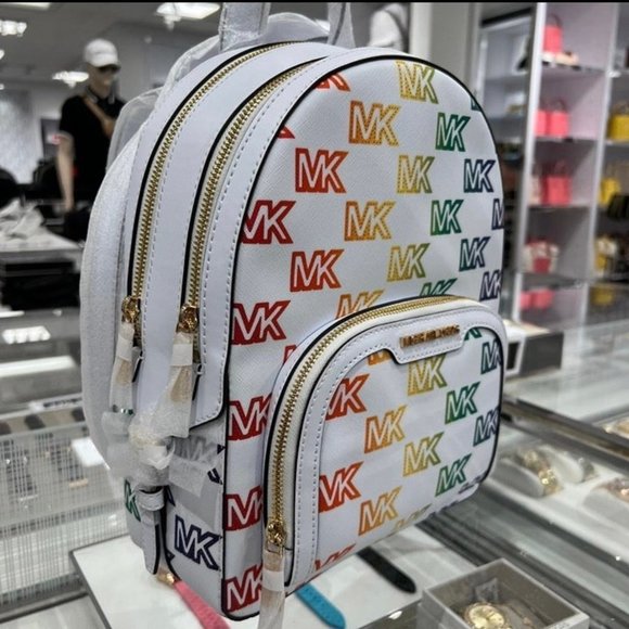Michael Kors Backpack Jaycee Medium MK Signature Rainbow Optic White NWT - Picture 11 of 12
